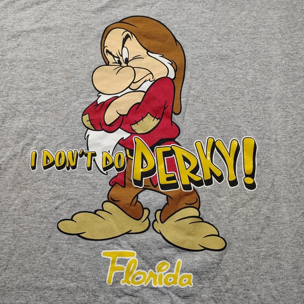Vtg Disney Grumpy Dwarf I Don't Do Perky Florida Gray Graphic T-Shirt Mens XL
